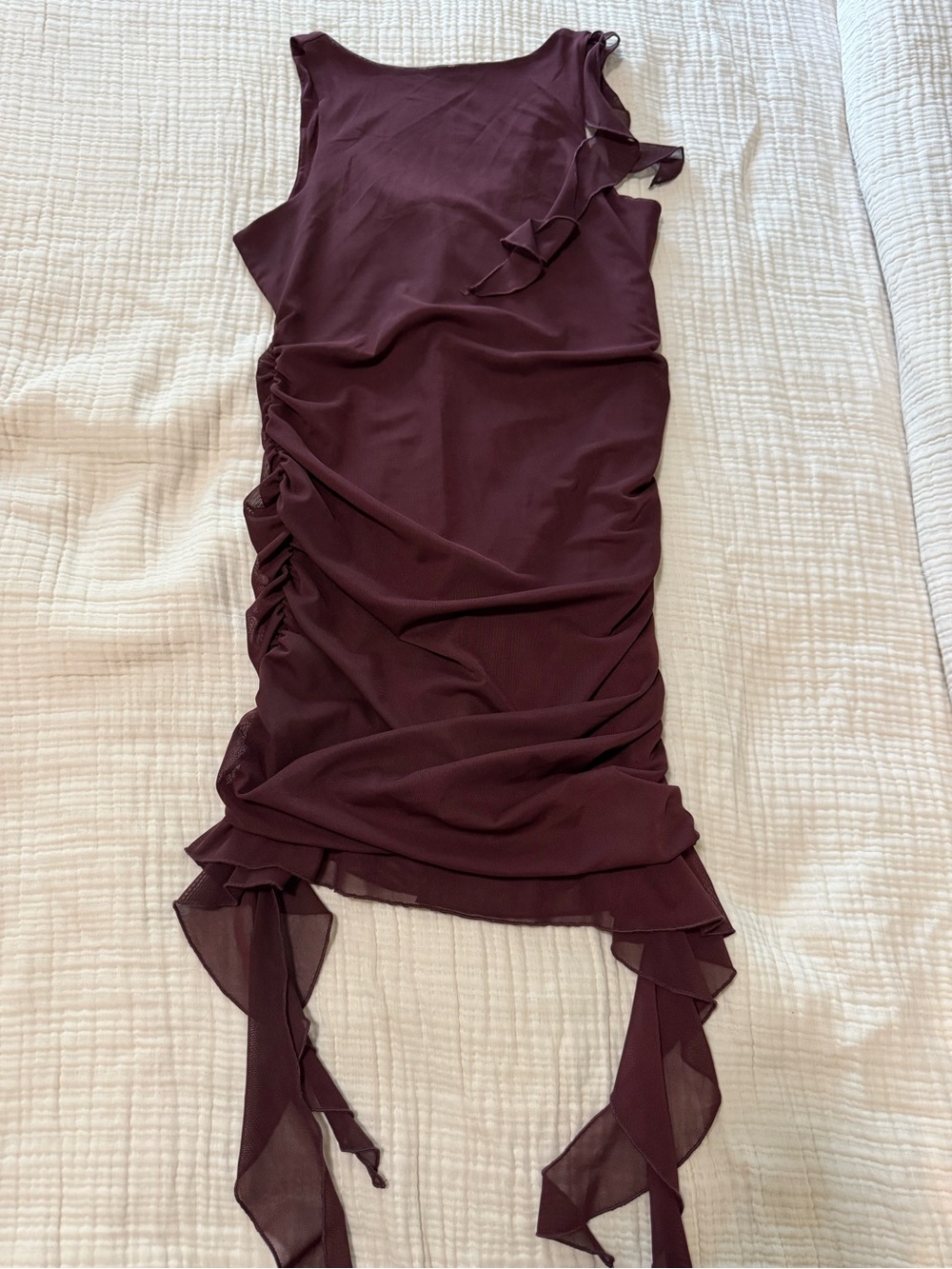 Women's Sleeveless Ruffle Ruched Burgundy Dress
